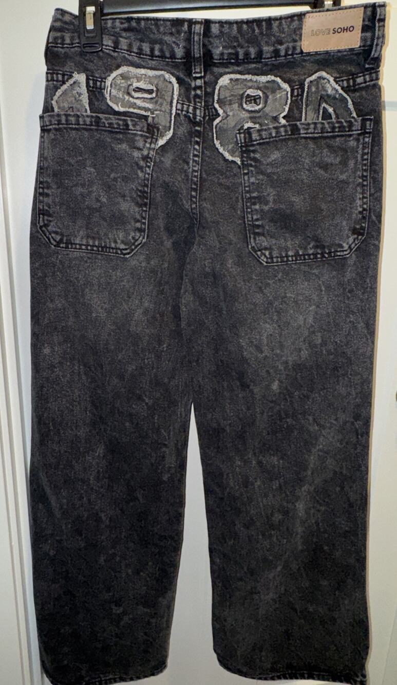 Love Soho Women Jeans Size 5 Black Wash Wide Leg Y2K 1980 Graphic Back Pockets